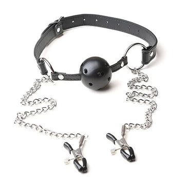 Flirt Games Mouth Gag Ball With Metal Nipple Clamps